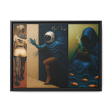 Triptych painting with three distinct scenes featuring a woman, an astronaut, and a cloaked figure with fish.