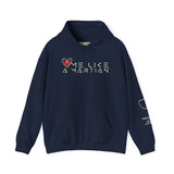 Navy blue hoodie with 'Love Me Like a Martian' text and logo on a white background