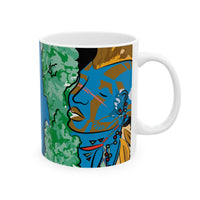 Indigenous Blue Ceramic Mug – 11oz or 15oz | Afrofuturistic Art Coffee Cup by CIQ Designs x Buy Martian Merch™ | Microwave + Dishwasher Safe