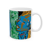 Indigenous Blue Ceramic Mug – 11oz or 15oz | Afrofuturistic Art Coffee Cup by CIQ Designs x Buy Martian Merch™ | Microwave + Dishwasher Safe