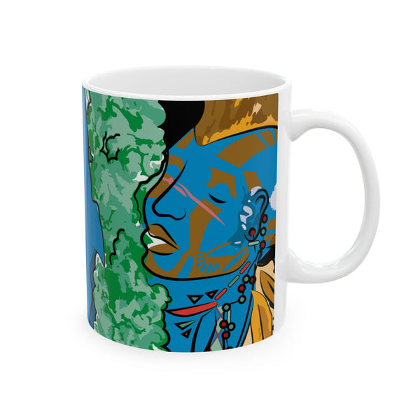 Indigenous Blue Ceramic Mug – 11oz or 15oz | Afrofuturistic Art Coffee Cup by CIQ Designs x Buy Martian Merch™ | Microwave + Dishwasher Safe
