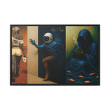 Triptych painting with three distinct scenes featuring people in various poses.