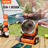 Vevor 3-in-1 device on a table with people sitting outdoors, featuring ventilation, lighting, and charging functions.