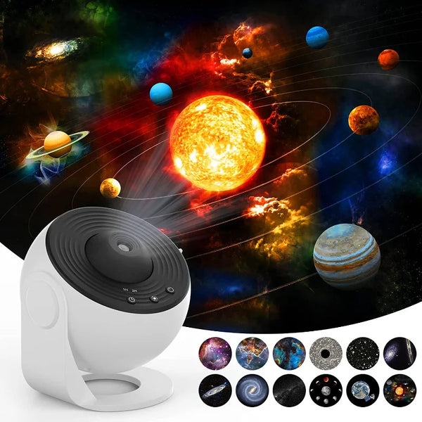 Space-themed projector with solar system illustration and planet icons.