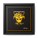 Framed artwork of a gold chest with gold bars on a black background