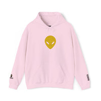 🛸 Gold Abstract MARTIAN™ Embroidered Hoodie – Unisex Pullover | Alien Face Design | Buy Martian Merch™ Cotton Hoodie (Multiple Colors)