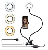 Clamp-On LED Ring Light with Phone Holder, 3 Color Modes, 10 Brightness Levels, USB Powered Desk Light for Video Calls, Makeup, Streaming, and Content Creation