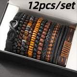 @BuyMartianJewelry | 12-piece Vintage Men's Bracelet Set - Woven Leather, Tiger's Eye And Moonstone Beads, Synthetic Rope, Stylish Jewelry For Casual And Party Wear