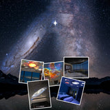 Collage of starry night sky images with a galaxy and star overlay.