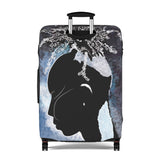 Luggage with a black silhouette design on a white background