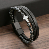 @BuyMartianJewelry | Men's  Natural Tiger Eye Stone Cross Stainless Steel Bracelet