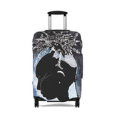 Luggage with a black silhouette design on a white background