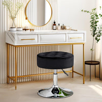 Black Velvet Vanity Stool - Modern Round Ottoman, Makeup Accent Chair for Bedroom, Living Room, Entryway