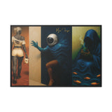 Triptych artwork with three distinct panels featuring abstract figures and objects.