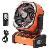 Orange and black Vevor portable fan with remote control and USB cable on a white background