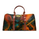 Duffle bag with warrior design and brown leather straps on a white background