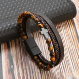 @BuyMartianJewelry | Men's  Natural Tiger Eye Stone Cross Stainless Steel Bracelet