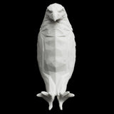 White geometric parrot sculpture on a black background