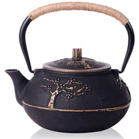 For Tea Lovers | Modern Martian Japanese Peony Plum Blossom Bamboo 900 ML Cast Iron Teapot | Black and Gold