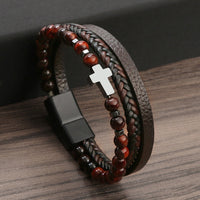 @BuyMartianJewelry | Men's  Natural Tiger Eye Stone Cross Stainless Steel Bracelet