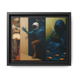 Framed artwork with three panels featuring abstract figures and objects.