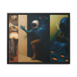 Framed artwork with a person in an astronaut suit reaching out, a woman in a white dress, and a person in a blue robe with fish.
