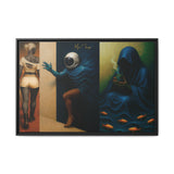 Framed artwork with three panels featuring abstract figures and a fishbowl.