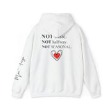 White hoodie with text and a heart design on the back