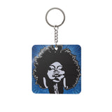 Keychain with a stylized face design on a blue background