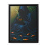 Framed artwork of a person in blue robes with goldfish and a cup, signed 'Manfredo'.