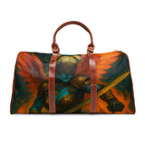 Duffle bag with warrior design and brown leather straps on a white background