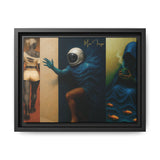 Framed artwork with a stylized depiction of an astronaut and a person in a blue robe, with a signature in the corner.