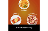 Three food items on plates with text indicating air fry, reheat, and dehydrate functions on an orange background.