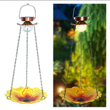 Planetary Pets™ | Solar Hanging Bird Bath for Outdoors | 24-Inch Glass Feeder with Sunflower Design & Crackle Ball Light | Waterproof Garden Accent