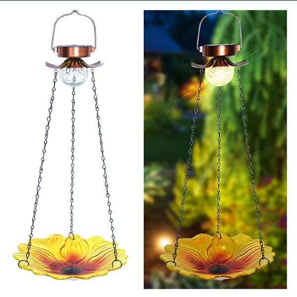 Planetary Pets™ | Solar Hanging Bird Bath for Outdoors | 24-Inch Glass Feeder with Sunflower Design & Crackle Ball Light | Waterproof Garden Accent