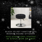 Black Velvet Vanity Stool - Modern Round Ottoman, Makeup Accent Chair for Bedroom, Living Room, Entryway