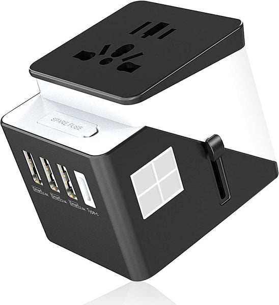 Your Fave Travel Merch | Premium World Travel Universal Adapter | Black White Fast Charger | 3 USB + Type-C – Smart & Safe Charging | Up to 5 Devices Simultaneously | Compatible in 200 Countries