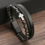 @BuyMartianJewelry | Men's  Natural Tiger Eye Stone Cross Stainless Steel Bracelet