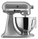 Silver KitchenAid stand mixer with a bowl on a white background