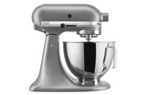 Silver KitchenAid stand mixer on a white background