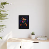 Framed artwork on a wall above a wooden desk with a plant and books.