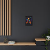 Framed artwork on a dark wall with wooden furniture and plants.