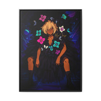 Framed artwork of a character with floral designs on a dark background