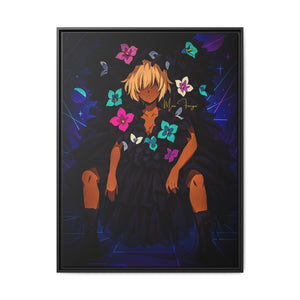 Framed artwork of a character with floral designs on a dark background