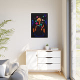 Framed artwork on a wall above a white dresser with a plant and window in the background