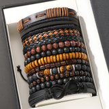 @BuyMartianJewelry | 12-piece Vintage Men's Bracelet Set - Woven Leather, Tiger's Eye And Moonstone Beads, Synthetic Rope, Stylish Jewelry For Casual And Party Wear