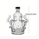 Clear glass bottle shaped like an octopus with a black cap, shown with a measurement label on a white background.