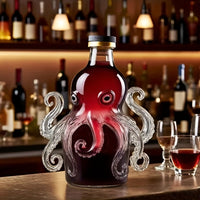 Octopus-shaped bottle with red liquid on a bar counter