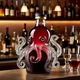 Octopus-shaped bottle with red liquid on a bar counter