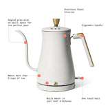 White electric kettle with features highlighted on a white background